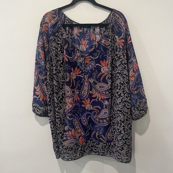 Chaps Top Womens 3X Blue Floral Paisley Button Boho Cottagecore Peasant Flowy - Picture 1 of 7